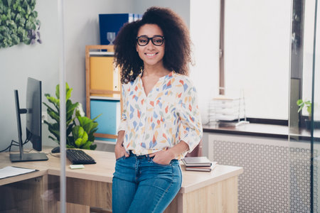 Photo of lovely adorable woman wear stylish clothes working in office room indoors workplace...