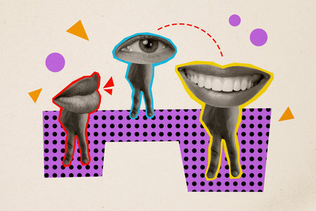Trend artwork sketch image composite photo collage of three person incognito stand hand arm finger palm like legs mouth eye instead headの写真素材