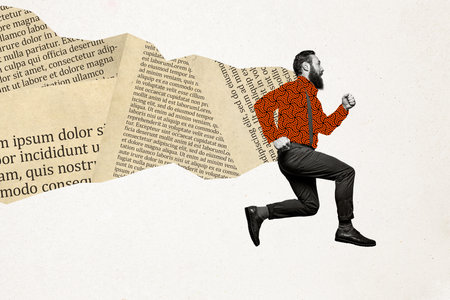 Composite photo collage of serious businessman run promotion concept hurry project meeting development isolated on painted backgroundの写真素材