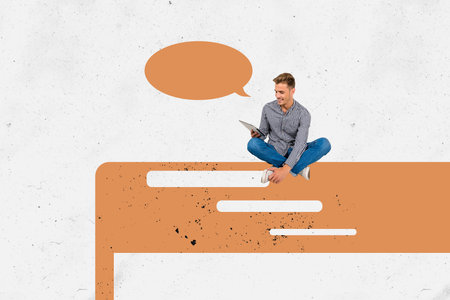 Composite artwork collage image picture of mini guy use tablet isolated on creative background