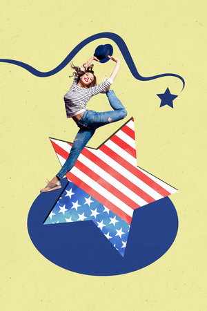 Creative banner template collage of levitating girl celebrate 4th july on american flag star backgroundの写真素材