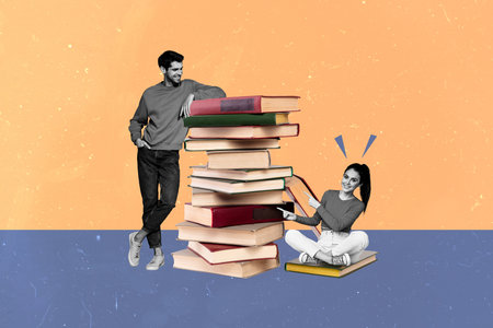 Composite photo collage of two happy girl guy university students library education concept bestseller isolated on painted backgroundの写真素材