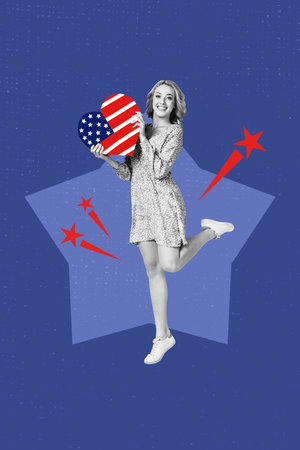 Creative poster artwork collage of girl hold american flag heart for 4th july on blue color...