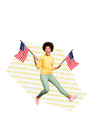 Composite collage image of funny female hold flags national independence america day fourth july concept bizarre unusual fantasy billboardの写真素材