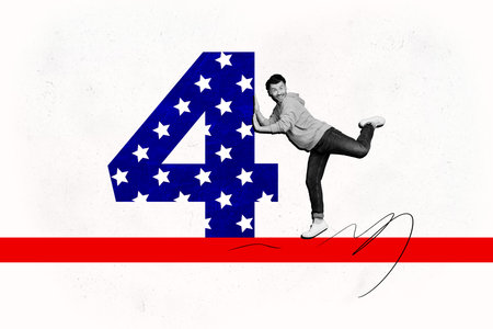 Poster creative abstract collage of guy push 4 number on white background independence day