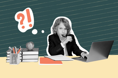 Composite photo collage of minded schoolboy think homework elearn laptop table supplies book pencil...
