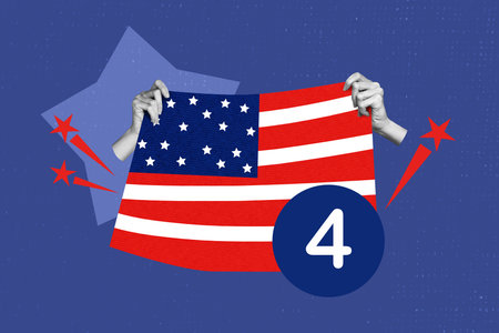Creative poster banner collage of people hands hold american us flag for 4th July on blue color...