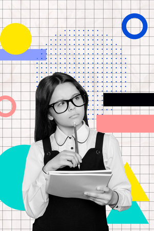 Vertical photo collage of minded schoolgirl nerd hold notepad pencil think homework education...