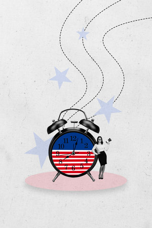 Creative abstract artwork collage of lady worker near clock timing independence day on white...