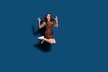 Full length photo of sweet cool lady dressed plaid outfit jumping high showing okey signs emtpy...