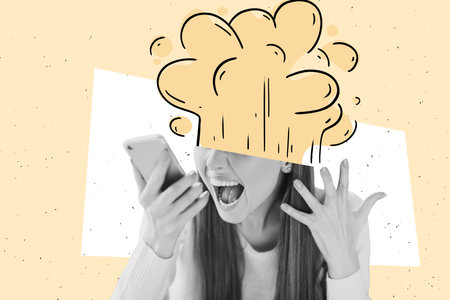 Creative image collage young aggressive girl shout scream cellphone call blame fired argument conflict furious brain head explosionの写真素材