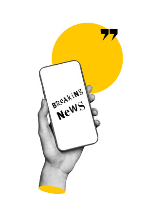 Composite trend artwork 3D sketch image photo collage of hand hold smartphone show display breaking news speech cloud cite conversationの写真素材