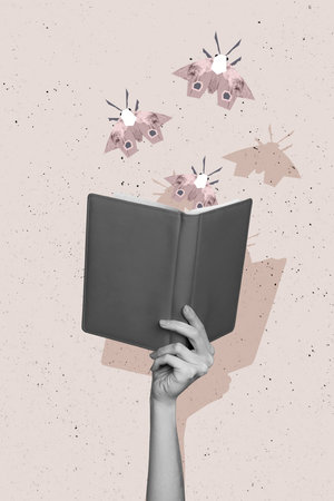 Vertical photo collage of people hand hold open book read new bestseller fairytale fly mole fantasy origami isolated on painted backgroundの写真素材