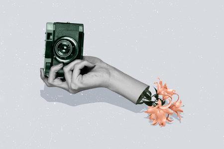 Composite photo collage of hand hold camera retro device photo shooting lily flower bloom spring season isolated on painted backgroundの写真素材