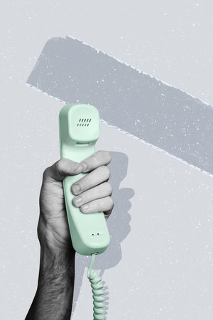 Vertical photo collage of hand hold telephone receiver telecommunication operator conversation...