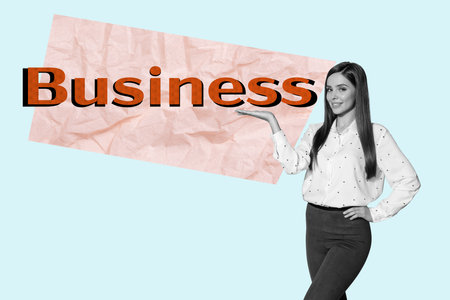 Creative picture image young beautiful businesswoman manager hand show palm business text entrepreneur corporate worker drawing backgroundの写真素材