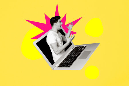 Trend artwork composite image photo collage of silhouette young man scream loud voice appear laptop display work headache overloadedの写真素材