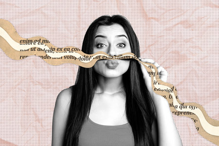 Trend artwork composite image 3D photo collage of portrait picture text page wave line young woman...