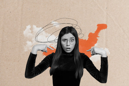 Creative collage picture young questioned girl point herself showing fingers hands mental issues mess psychotherapy drawing backgroundの写真素材