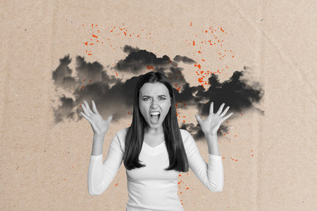Creative picture collage young girl scream gloomy clouds environment fear scare frighten roar haunting hands palms drawing backgroundの写真素材