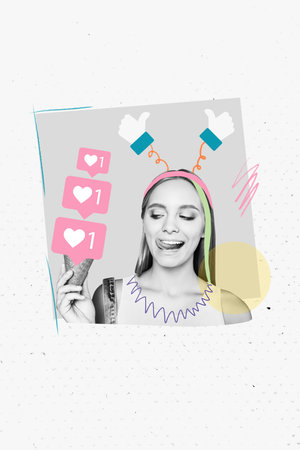 Vertical photo collage of happy girl lick lips hold ice cream cone like blogging popular thumb up headband isolated on painted backgroundの写真素材