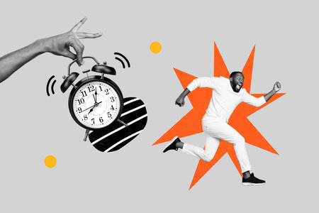 Composite collage picture image of running away businessman scared clock time deadline fantasy billboard comics zine minimalの写真素材