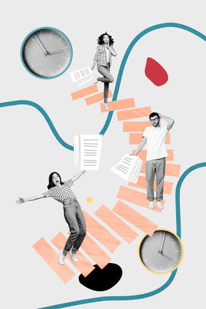 Vertical poster collage young employees time deadline management clock schedule late miss climb stairs hour documents paperworkの写真素材