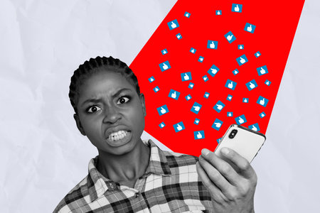 Photo collage of angry lady using smartphone watching likes feedback spam in her social medias...
