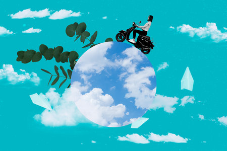 Photo cartoon comics sketch collage picture of happy lady riding moped sky globe isolated graphical backgroundの写真素材