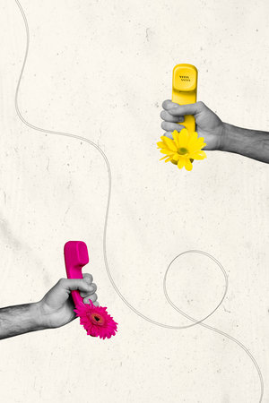 Vertical collage hands body fragments hold telephone landline answer call flowers daisy blossom call center customer support operatorの写真素材