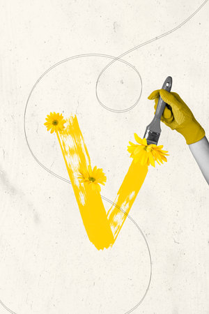 Trend artwork composite sketch photo collage of surreal space spring season nature flower sunflower hand hold brush draw paint yellowの写真素材