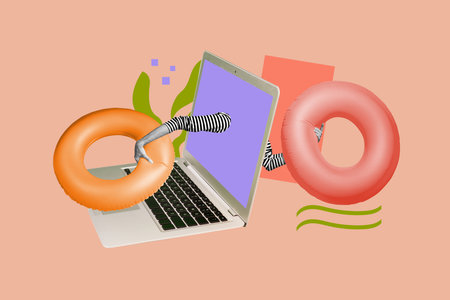 Trend artwork collage of orange backdrop caricature workspace big laptop woman hands appear hold...