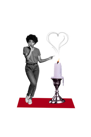 Vertical photo collage of astonished american girl point fire candle wax heart smoke valentine day romantic isolated on painted backgroundの写真素材