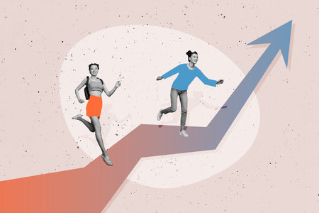 Composite photo collage of two happy girls run arrow up success aim achievement work promotion partners isolated on painted backgroundの写真素材