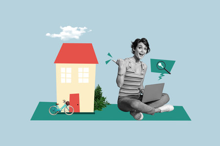 Composite photo collage of happy girl real estate agent hold laptop point home building key search loupe zoom isolated on painted backgroundの写真素材