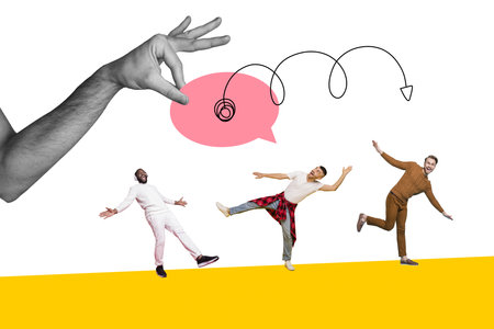 Collage sketch banner of happy cheerful joyful people dancing celebrating success arm hold empty...
