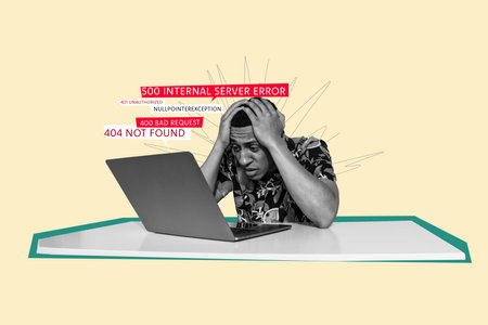 Composite photo collage of unhappy afro man hold head broke laptop device 404 error cyberattack notification isolated on painted backgroundの写真素材