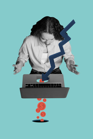 Vertical collage young stressed nervous woman economy charts trader currency recession inflation...