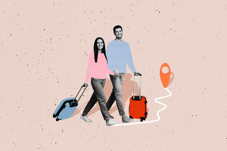 Creative collage image young couple celebrate honeymoon anniversary vacation valise walk geo location marker tourism destinationの写真素材