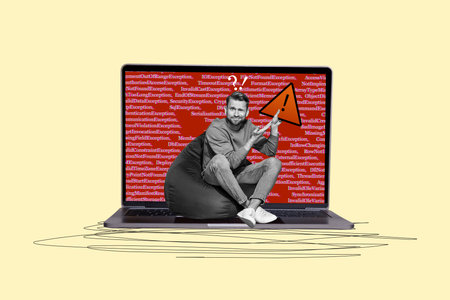 Composite photo collage of confused man it programmer broke a laptop device warning alert sign...