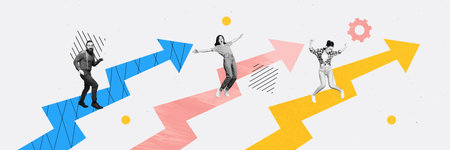 Creative panoramic collage inspiration motivation arrows charts improvement leadership funky dancers...