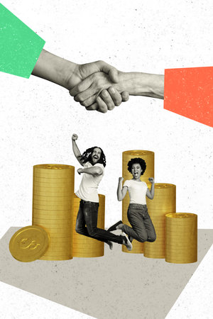 Composite trend artwork sketch image collage of person young woman man friends jump success shake hands deal done money dollar golden coinの写真素材