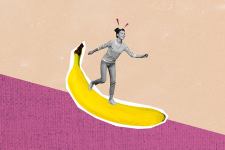 Composite photo collage of happy girl surf banana fruit tropical nutrition healthy lifestyle diet meal isolated on painted backgroundの写真素材