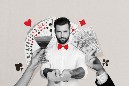 Image sketch collage of handsome man hold card playing poker game winning jackpot isolated on...