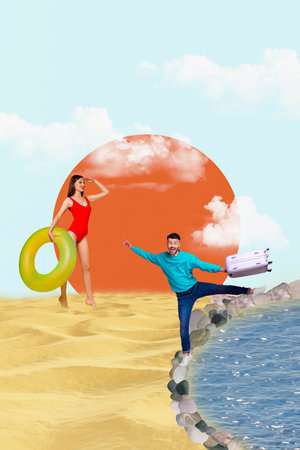 Vertical photo collage of girl instructor wear red swimsuit look crazy man tip toe rock ocean travel season isolated on painted backgroundの写真素材