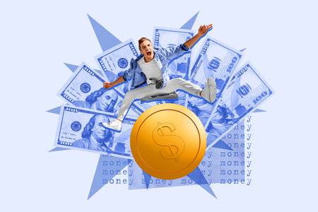Composite photo collage of happy blonde guy winner jump receive dollar transaction cash rich trader worker isolated on painted backgroundの写真素材