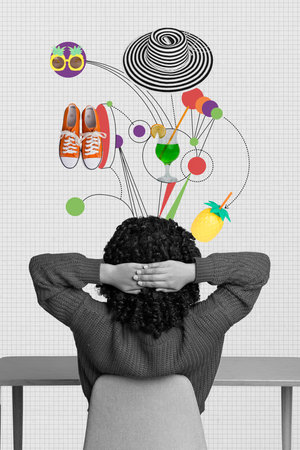 Vertical photo collage of anonym girl sit back dream vacation workplace summer holiday event...