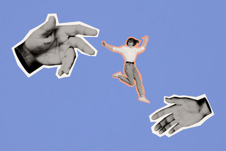 Trend artwork composite sketch photo collage of silhouette halftone huge hands arm appear levitate catch woman jump fly model movingの写真素材