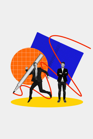 Composite trend artwork sketch image photo collage of job trader business two young man colleagues...