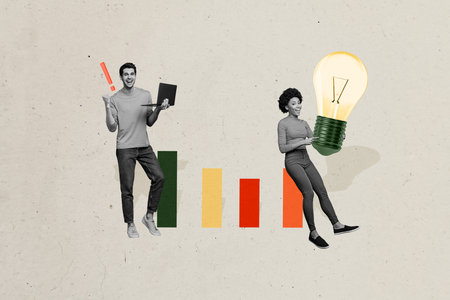 Composite photo collage of happy business girl guy hold laptop chart development light bulb idea progress isolated on painted backgroundの写真素材